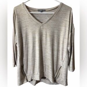 RETRO-oligy Beige V-Neck Sweater with Zipper Accents